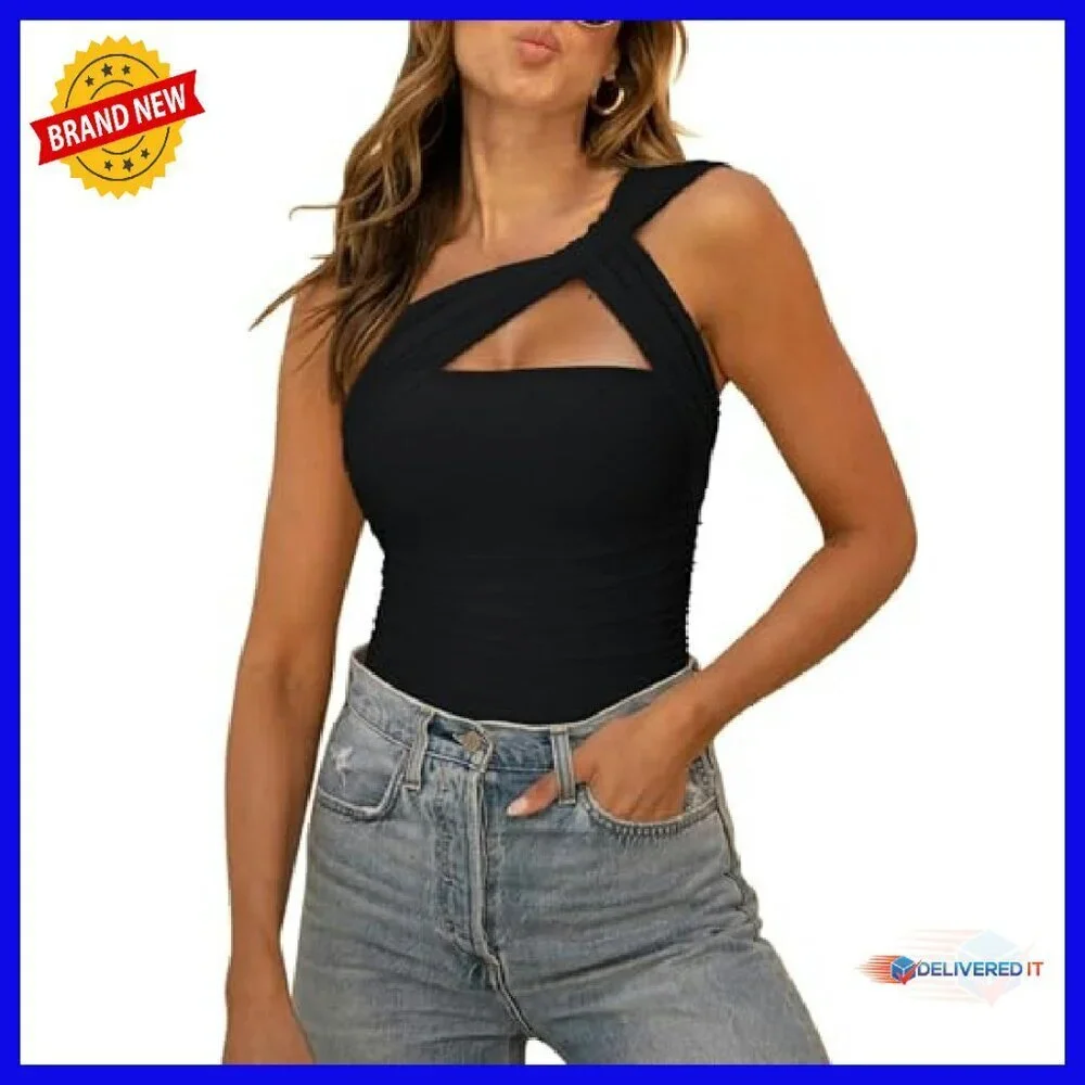 One Shoulder Mesh Bodysuit Backless Ruched Asymmetrical Top